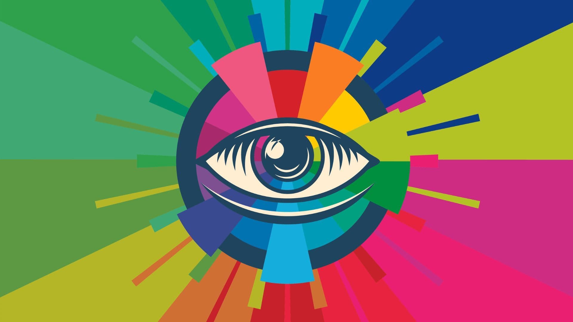 multi-colored graphic with an eye in the center